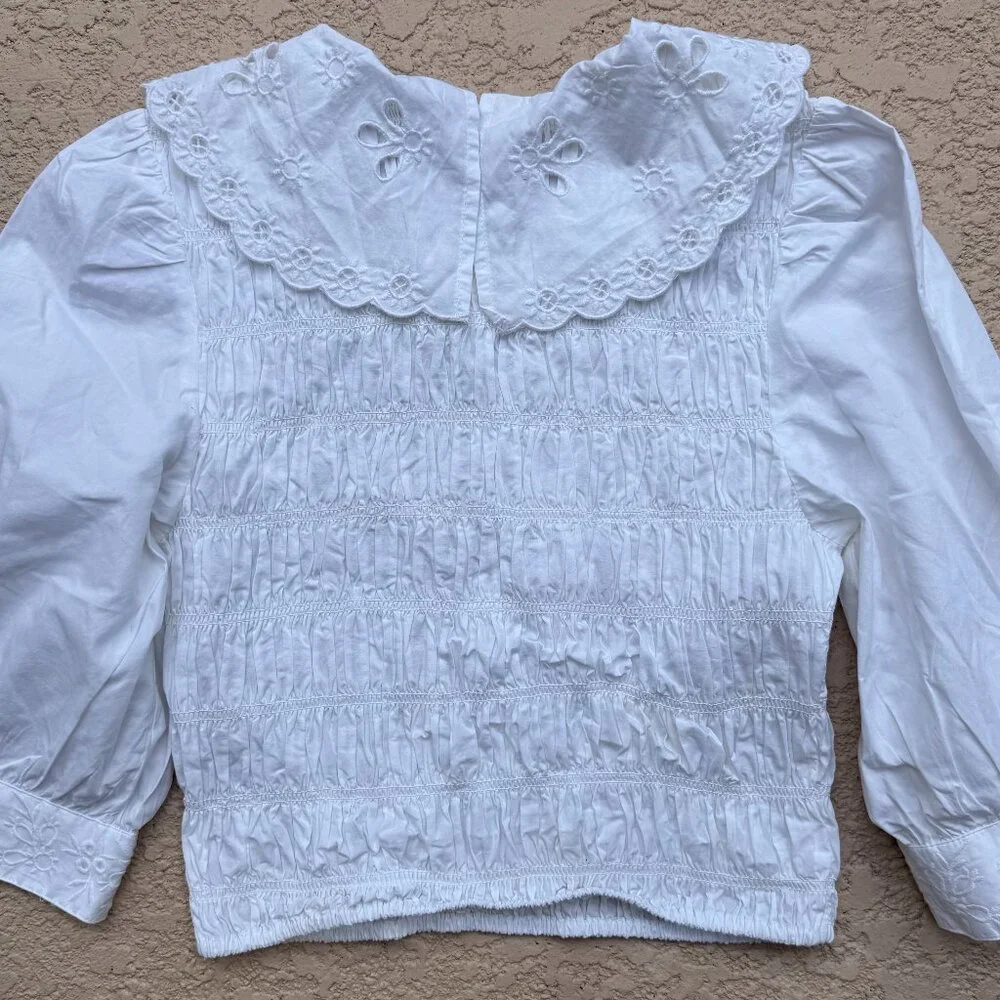 Zara White Smocked Top With Lace -Trimmed Collar Puff Sleeve